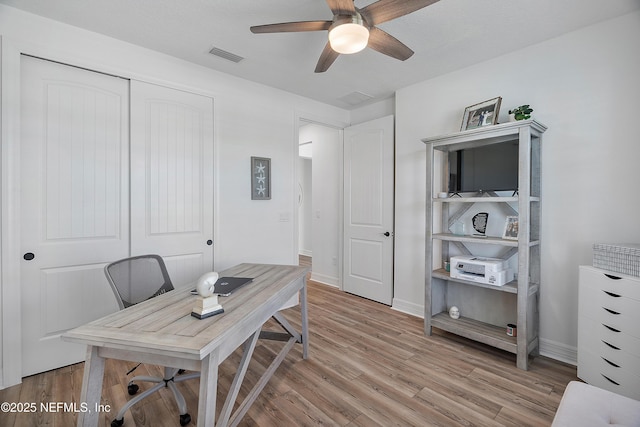 home office featuring ceiling fan and light hardwood / wood-style floors