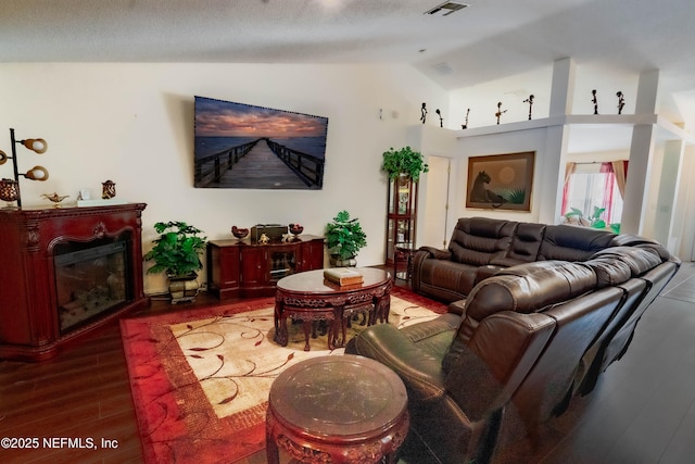 living room featuring vaulted ceiling and wood-type flooring