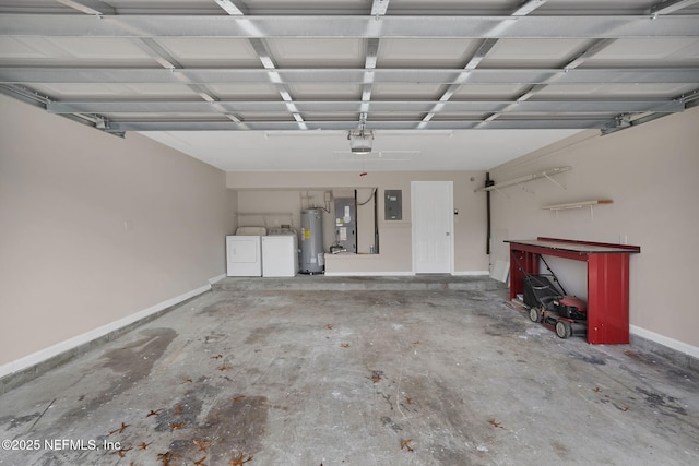 garage with separate washer and dryer, a garage door opener, electric panel, and water heater