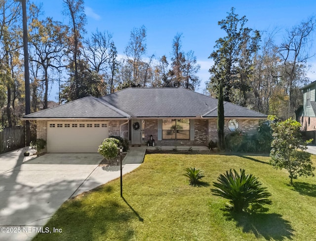 single story home with a garage and a front lawn