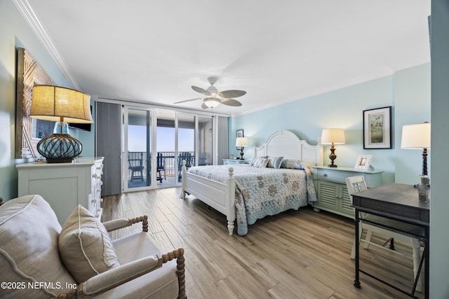 bedroom with crown molding, ceiling fan, access to exterior, and light hardwood / wood-style flooring