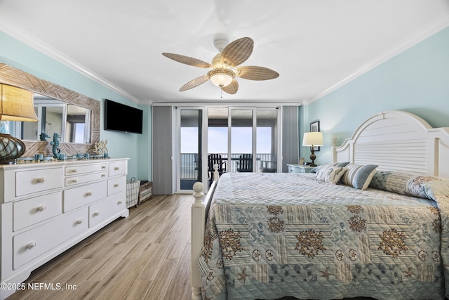 bedroom featuring access to exterior, ornamental molding, ceiling fan, and light wood-type flooring