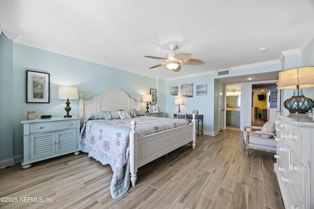 bedroom with ornamental molding, light hardwood / wood-style floors, and ceiling fan