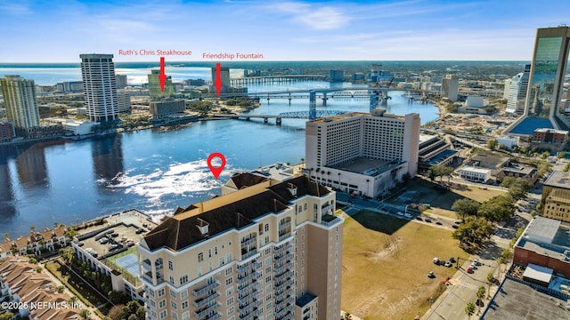 drone / aerial view with a water view