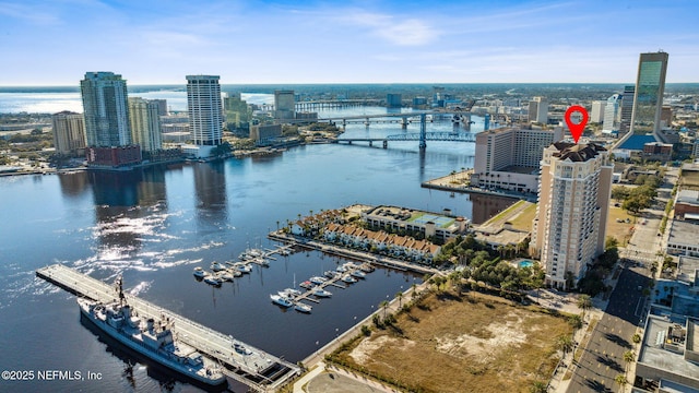 aerial view featuring a water view