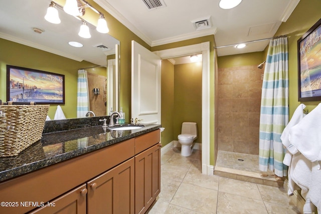 bathroom with vanity, crown molding, a shower with curtain, and toilet