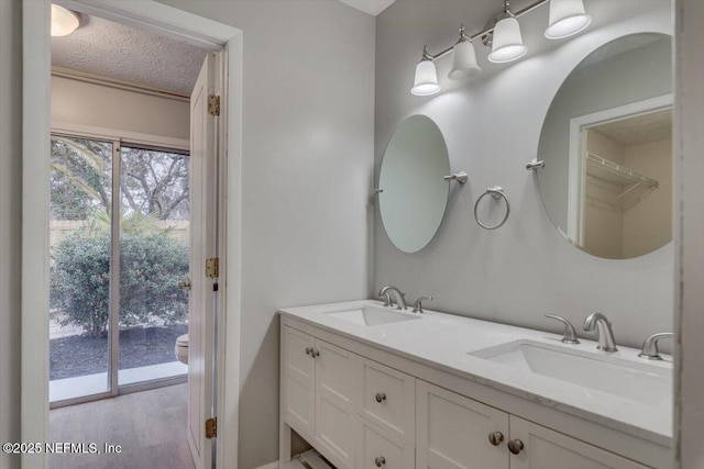 bathroom with hardwood / wood-style flooring, vanity, and a textured ceiling