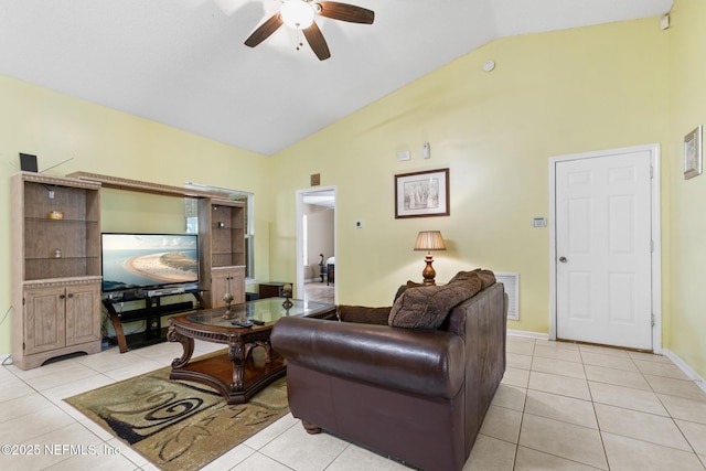 living room with light tile patterned floors, high vaulted ceiling, and ceiling fan