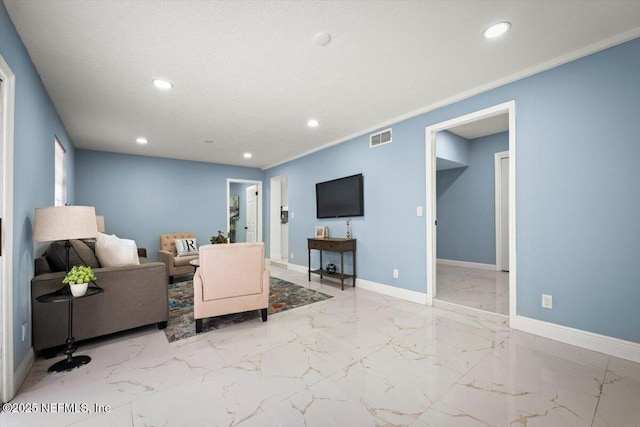 living room featuring a textured ceiling