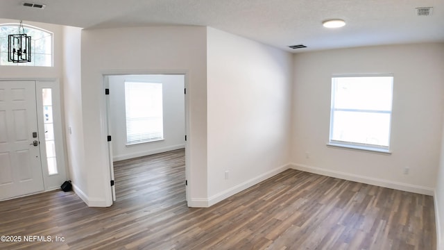 foyer featuring a wealth of natural light, a textured ceiling, and dark hardwood / wood-style flooring