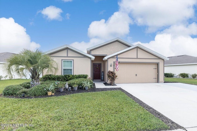 ranch-style home with a garage and a front yard