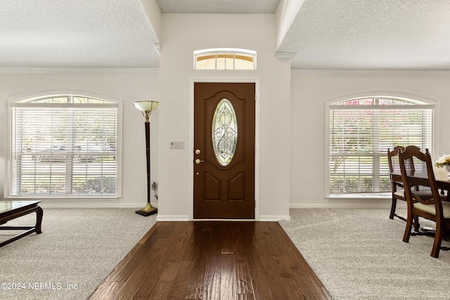 entrance foyer featuring a healthy amount of sunlight, crown molding, and a textured ceiling