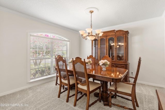 dining area with crown molding, light colored carpet, a textured ceiling, and an inviting chandelier