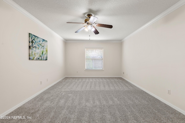 carpeted spare room with crown molding, ceiling fan, and a textured ceiling