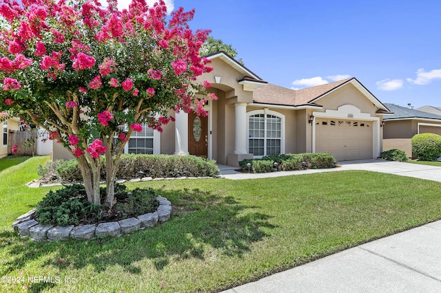 view of front facade with a garage and a front lawn