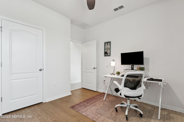 office space featuring ceiling fan and light wood-type flooring