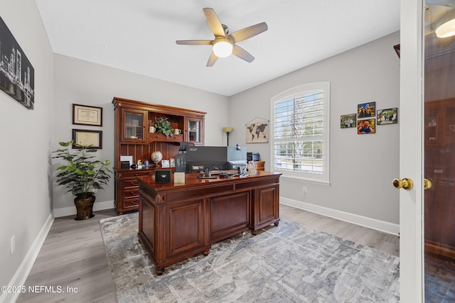 office space with light hardwood / wood-style flooring and ceiling fan