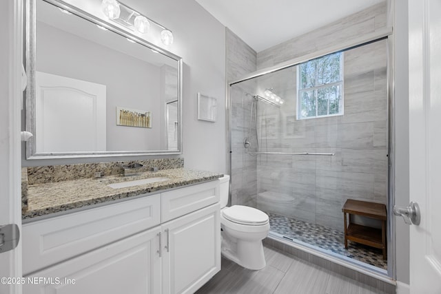 bathroom featuring an enclosed shower, vanity, and toilet