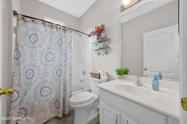 full bathroom with vanity, toilet, and shower / bath combo with shower curtain