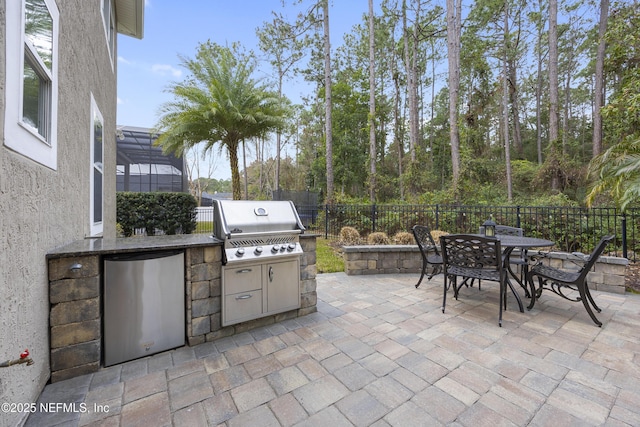 view of patio featuring a grill, glass enclosure, and an outdoor kitchen