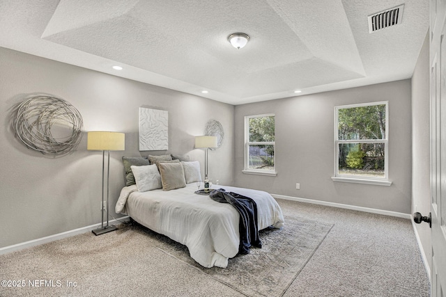 carpeted bedroom with a raised ceiling and a textured ceiling