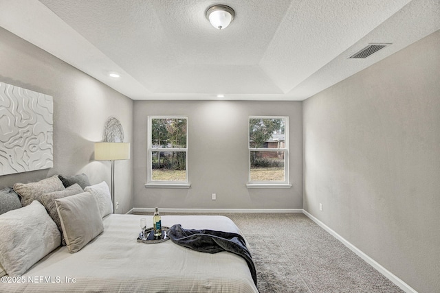 carpeted bedroom with a tray ceiling, multiple windows, and a textured ceiling