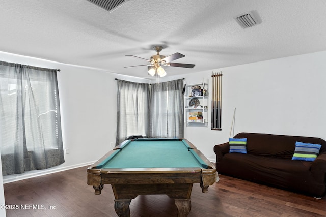 playroom featuring dark wood-type flooring, billiards, plenty of natural light, and ceiling fan