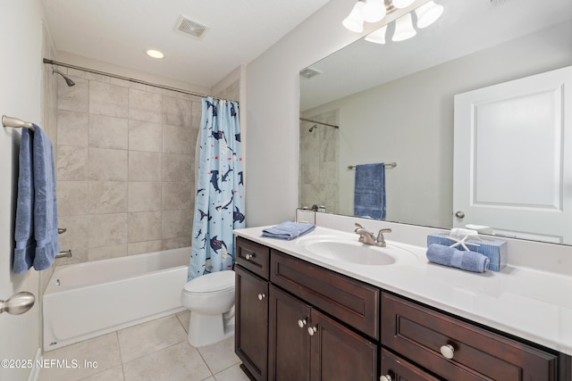 full bathroom with shower / bath combination with curtain, vanity, tile patterned floors, and toilet