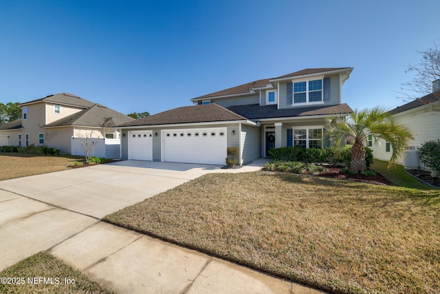 view of front of property with concrete driveway, an attached garage, and a front yard