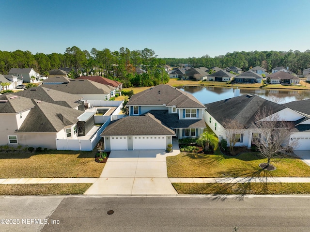 bird's eye view featuring a water view and a residential view