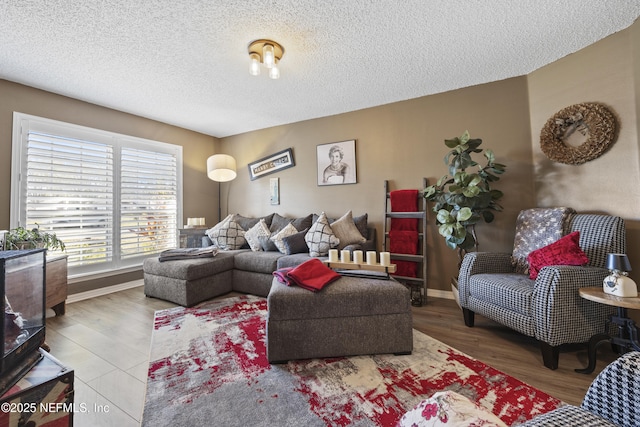 living room featuring hardwood / wood-style flooring and a textured ceiling