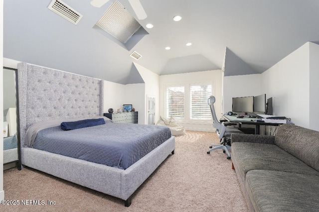 carpeted bedroom with recessed lighting, visible vents, and vaulted ceiling