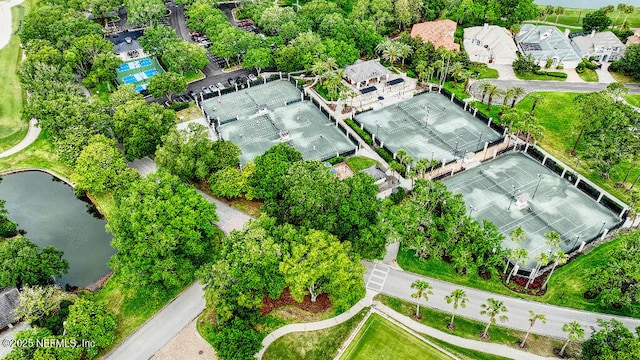 aerial view with a water view and a residential view