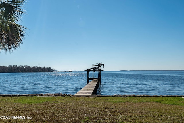 dock area with a water view and a yard