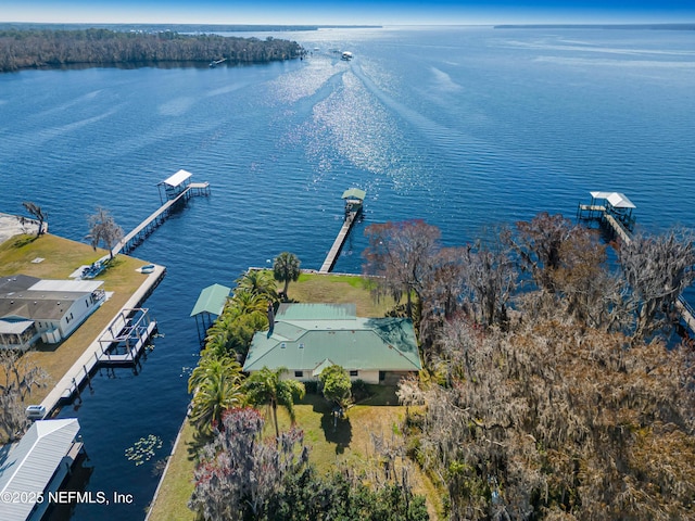 aerial view featuring a water view