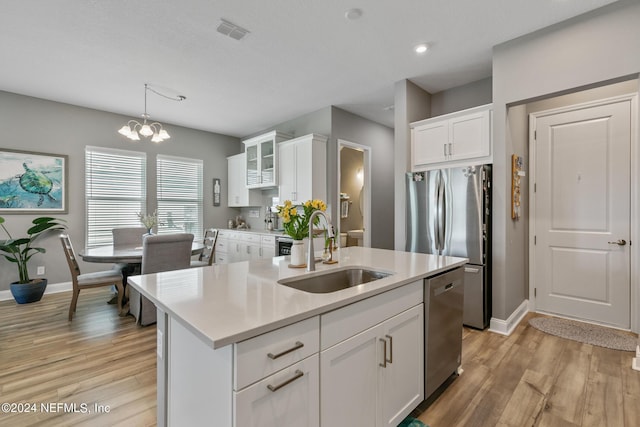 kitchen with white cabinetry, sink, a kitchen island with sink, and stainless steel appliances