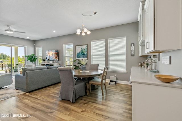 dining room featuring plenty of natural light, ceiling fan with notable chandelier, and light hardwood / wood-style flooring