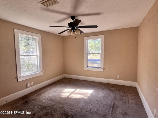 empty room featuring ceiling fan, a healthy amount of sunlight, carpet, and a textured ceiling