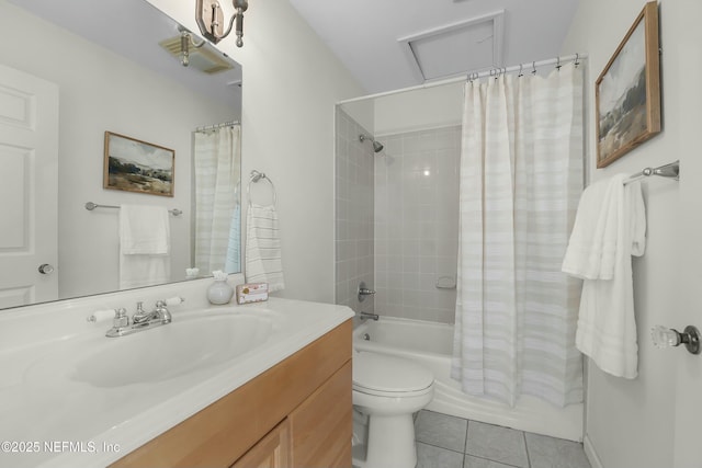 full bathroom featuring shower / bath combo, toilet, tile patterned floors, and vanity