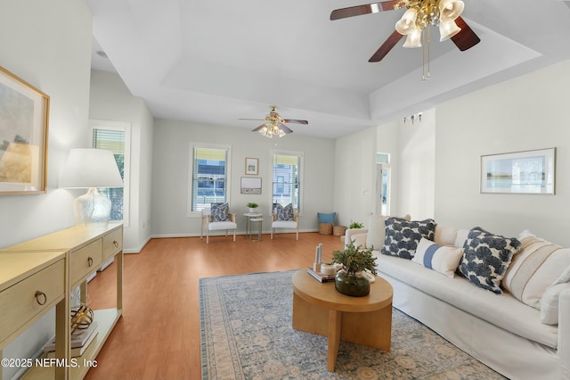 living room featuring a raised ceiling and light wood-type flooring