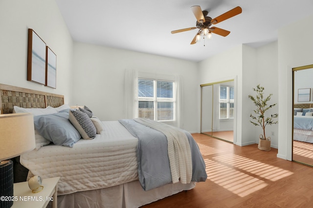 bedroom featuring ceiling fan and light wood-type flooring