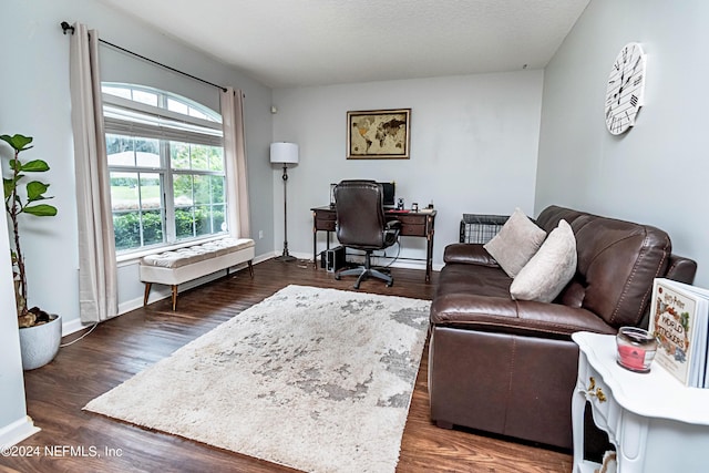 living room with dark wood-type flooring and a textured ceiling