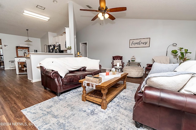 living room with dark wood-type flooring, ceiling fan, lofted ceiling, and a textured ceiling