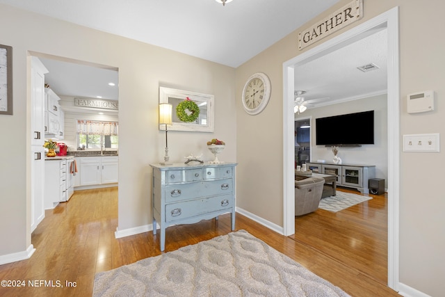 hall with sink and light hardwood / wood-style floors