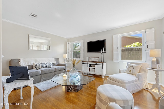 living room featuring crown molding and wood-type flooring