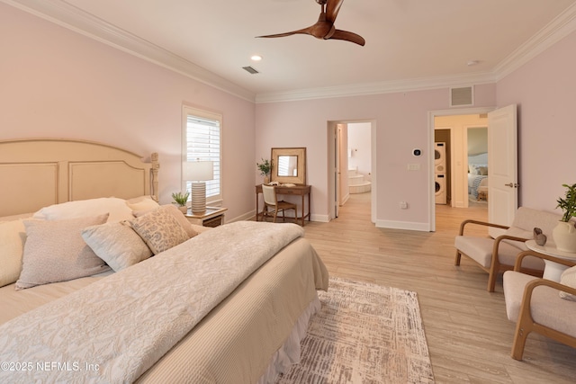 bedroom with crown molding, ensuite bathroom, ceiling fan, and light hardwood / wood-style flooring