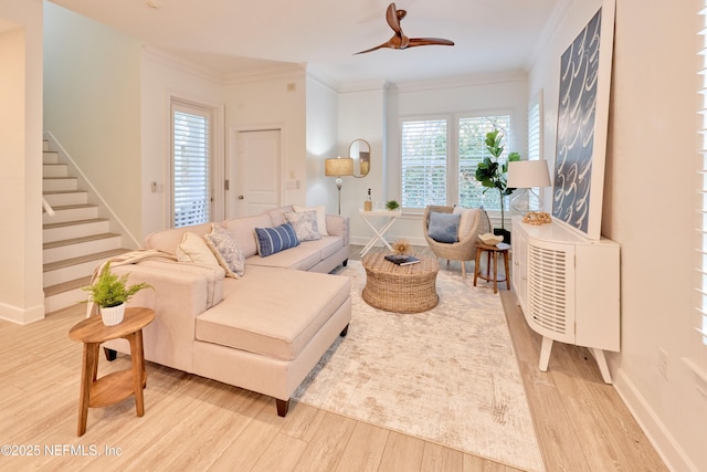 living room featuring ceiling fan, ornamental molding, and light wood-type flooring