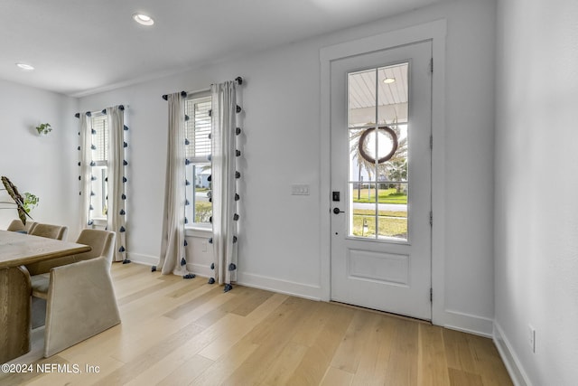 foyer entrance with a healthy amount of sunlight and light hardwood / wood-style flooring