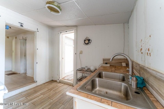 kitchen featuring sink, a paneled ceiling, and light hardwood / wood-style flooring