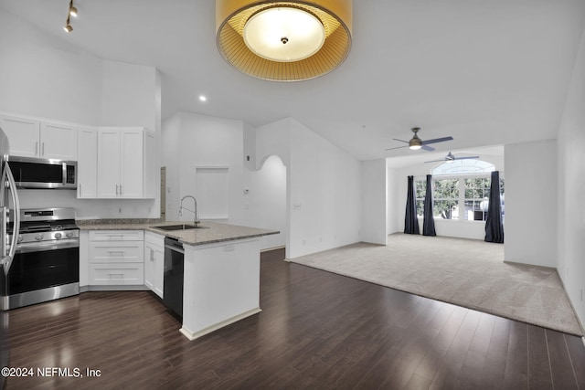 kitchen featuring sink, stainless steel appliances, light stone counters, white cabinets, and kitchen peninsula